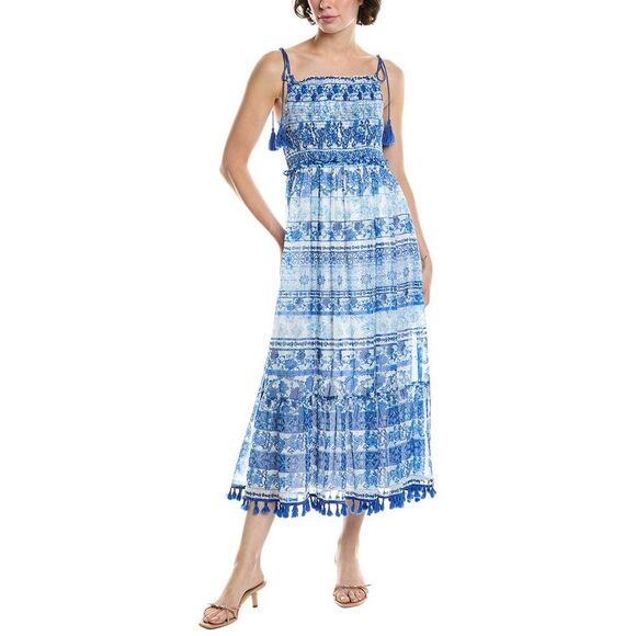 Reveriee Womens  Smocked Bodice Midi Dress, Blue - Picture 1 of 3